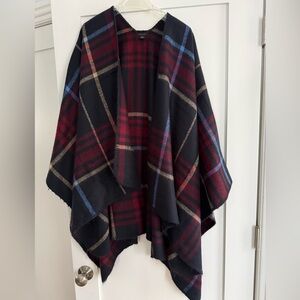 Ann Taylor Burgundy and Blue Plaid Poncho
